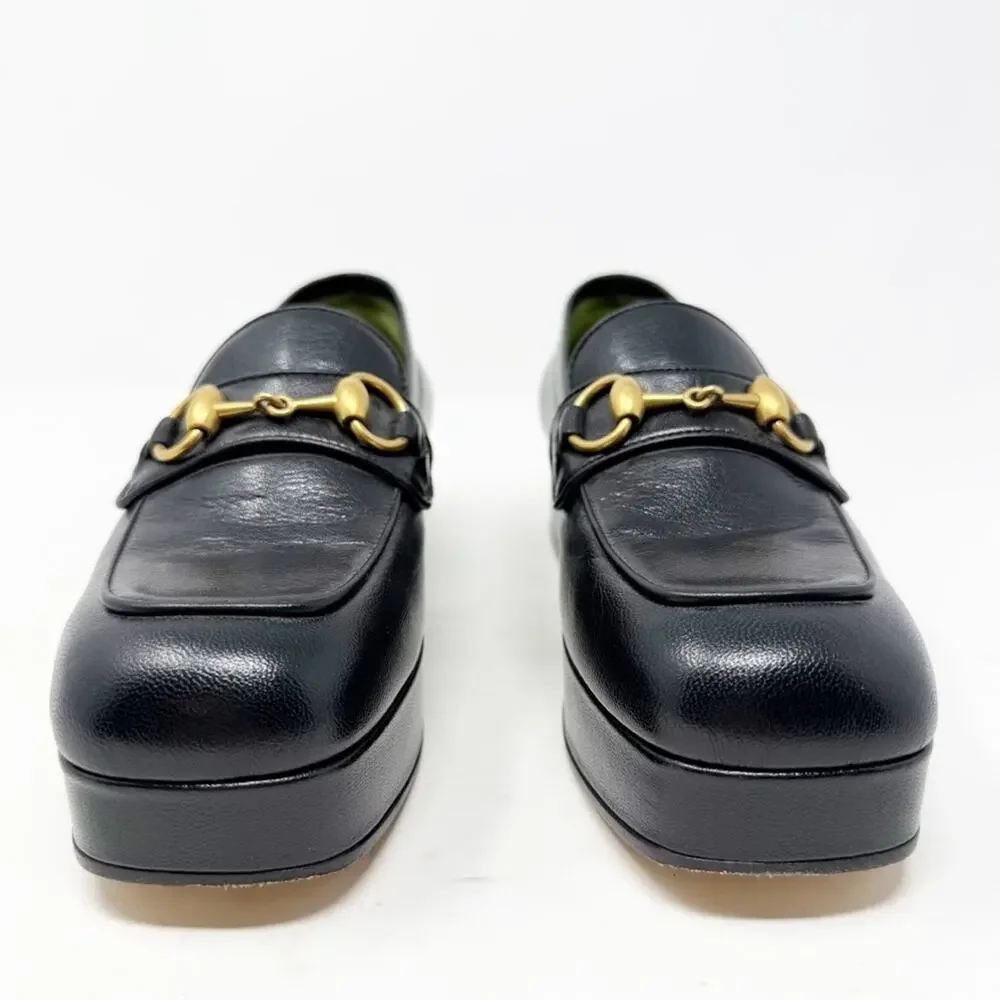 Gucci Houdan Horsebit Platform Loafers Black Leather Womens Size EU 36